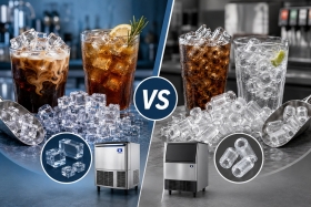 เครื่องทำน้ำแข็งก้อนสี่เหลี่ยม (Dice / Half-Dice) vs น้ำแข็งหลอด: แบบไหนเหมาะกับร้านอาหารและร้านกาแฟมากกว่า?
