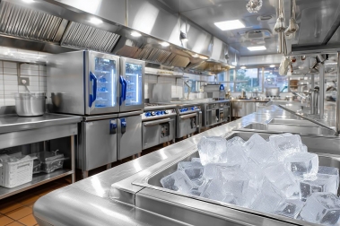ครัวร้านอาหารที่ทันสมัยพร้อมเครื่องครัวสแตนเลสครบชุด เครื่องทำน้ำแข็งและอ่างเก็บน้ำแข็ง