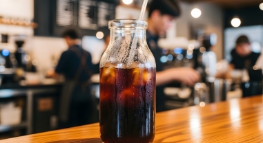 กาแฟเย็นในขวดใสพร้อมน้ำแข็งวางบนเคาน์เตอร์ในร้านกาแฟ