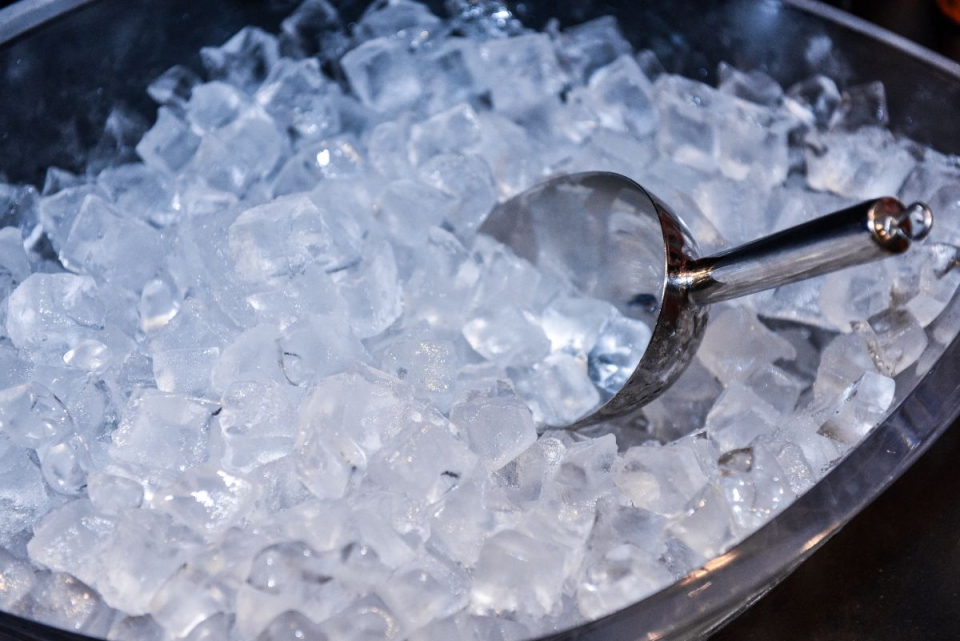 Clear ice cubes in a bucket