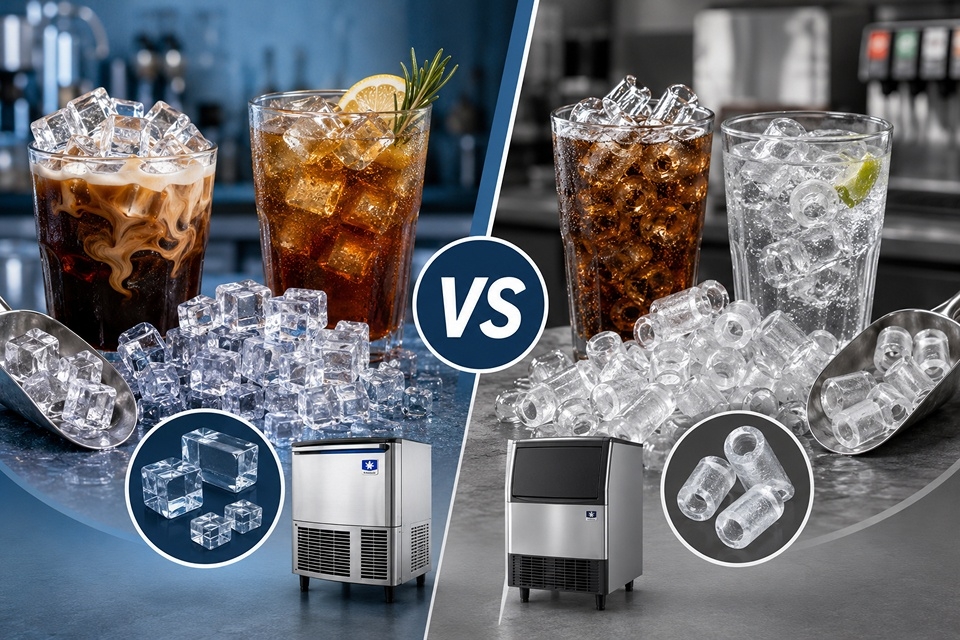 เครื่องทำน้ำแข็งก้อนสี่เหลี่ยม (Dice / Half-Dice) vs น้ำแข็งหลอด: แบบไหนเหมาะกับร้านอาหารและร้านกาแฟมากกว่า?